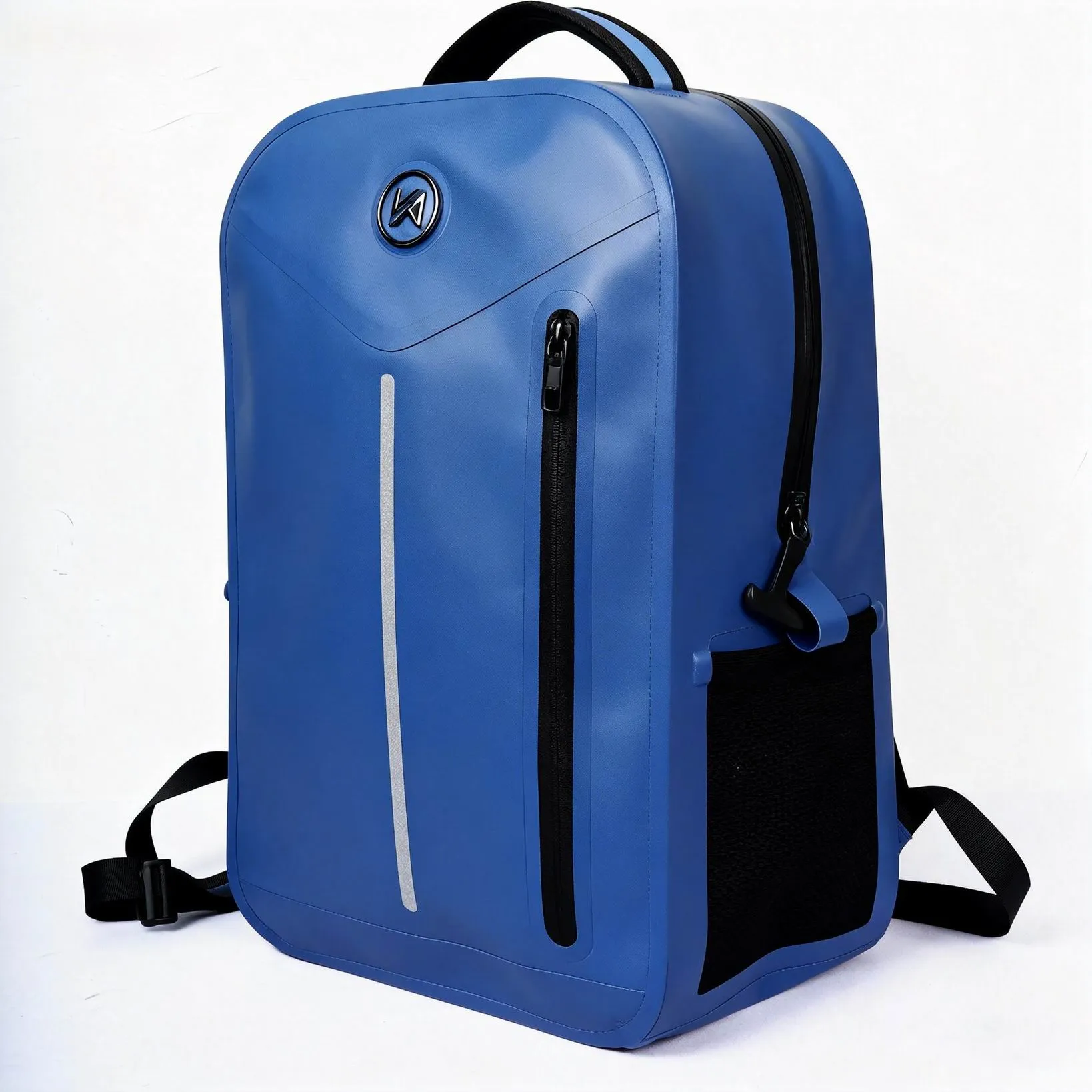 Waterproof hiking backpack on mountain trail, roll-top closure