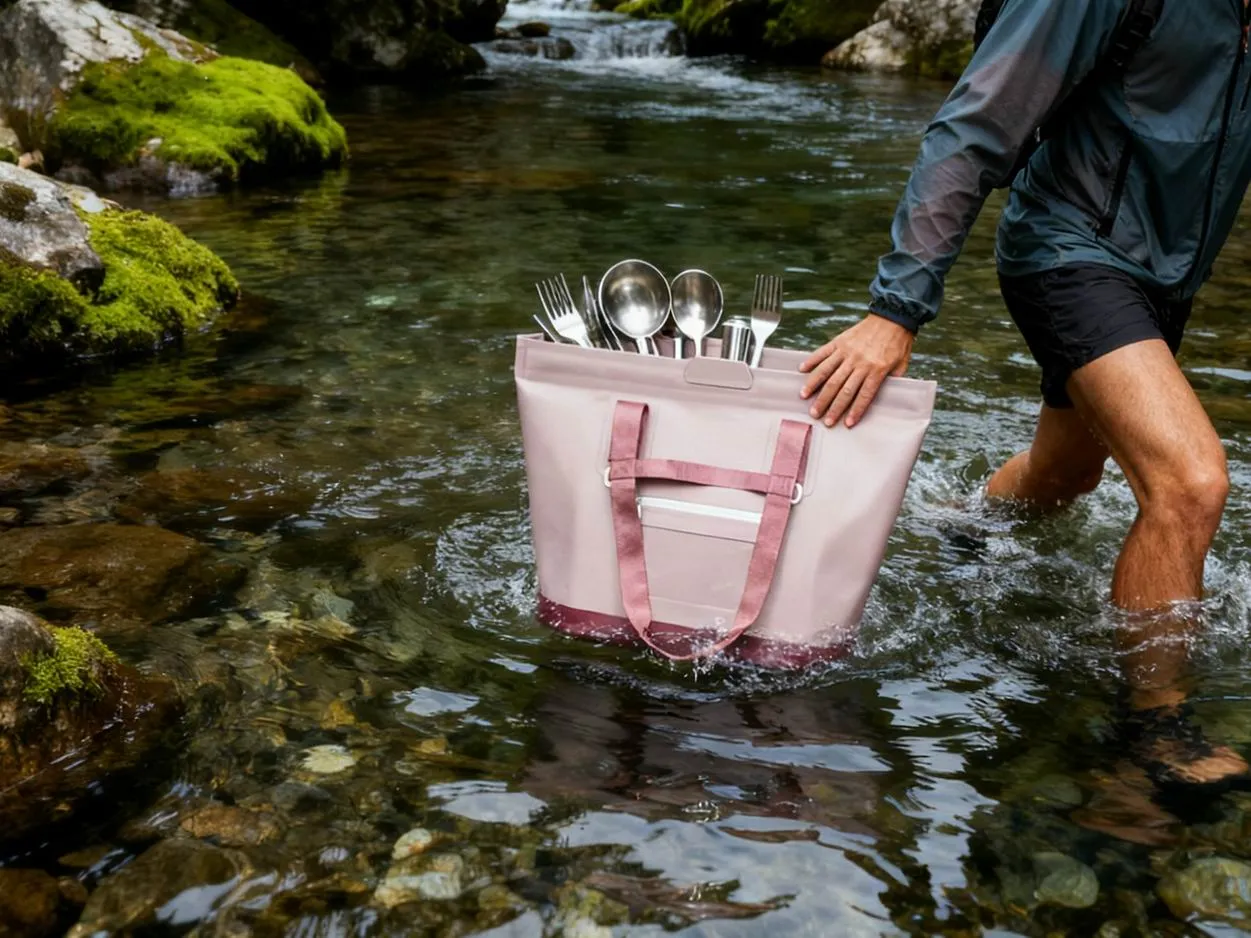Waterproof beach tote dry bag with webbing handles on sand