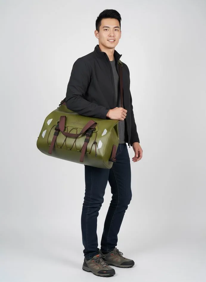 Roll-top dry bag in do dry bags float configuration, welded seams, studio product shot