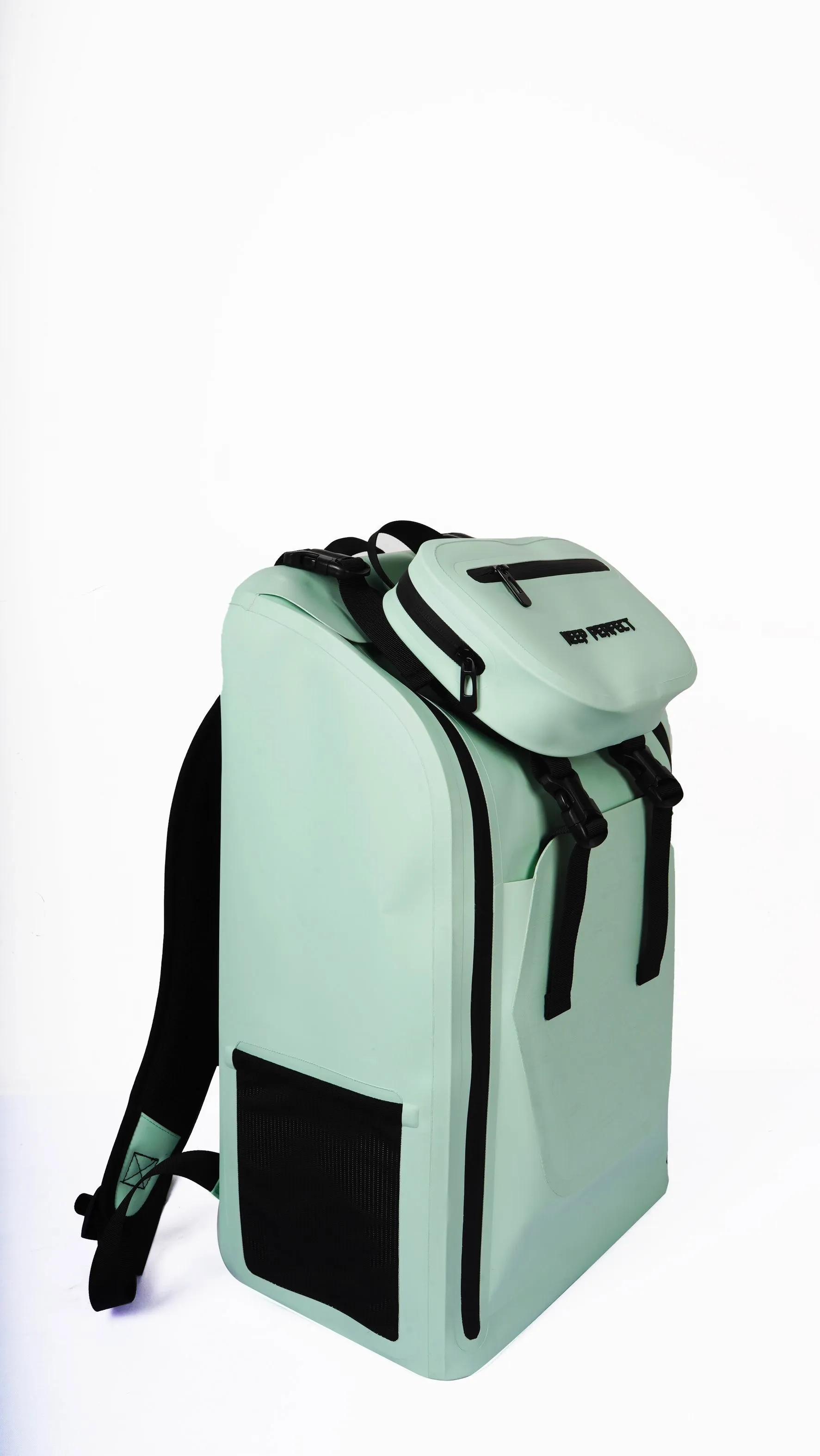 Waterproof hiking backpack on mountain trail, roll-top closure